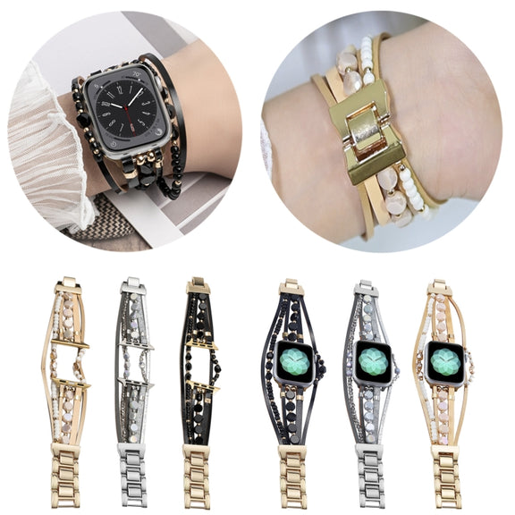 For Apple Watch SE 2023 44mm Beaded National Style Bracelet Crystal Watch Band(Silver)