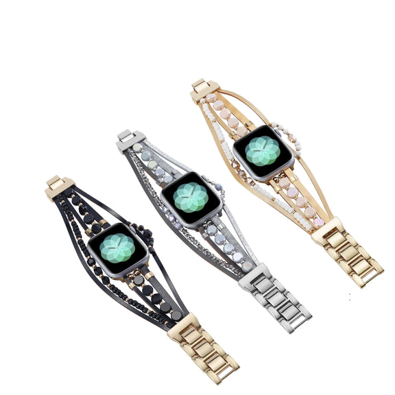 For Apple Watch SE 2023 44mm Beaded National Style Bracelet Crystal Watch Band(Silver)