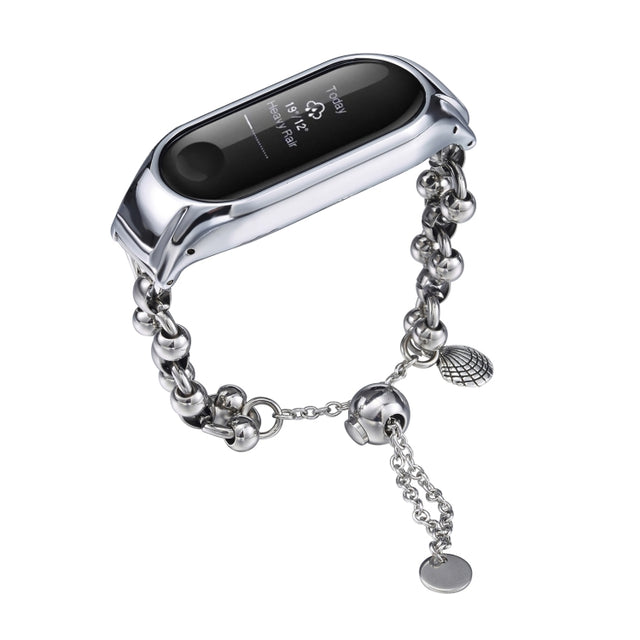 For Xiaomi Mi Band 3 / 4 Beaded Bracelet Metal Watch Band(Silver+Dual Bead)