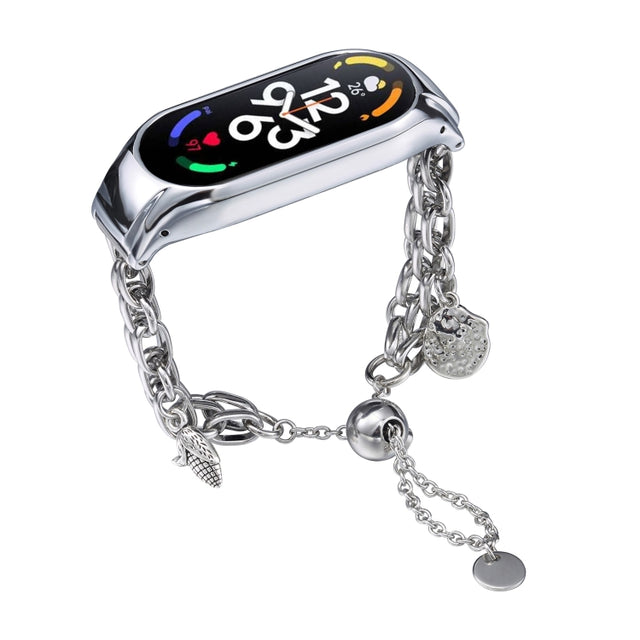 For Xiaomi Mi Band 7 Beaded Bracelet Metal Watch Band(Silver+Corn)