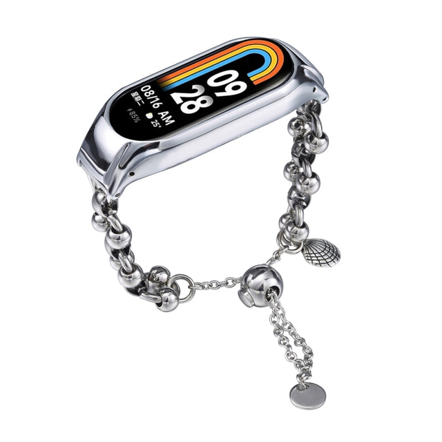 For Xiaomi Mi Band 8 Beaded Bracelet Metal Watch Band(Silver+Dual Bead)