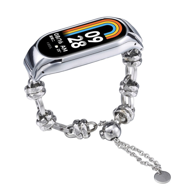 For Xiaomi Mi Band 8 Beaded Bracelet Metal Watch Band(Silver+Dual Ring)