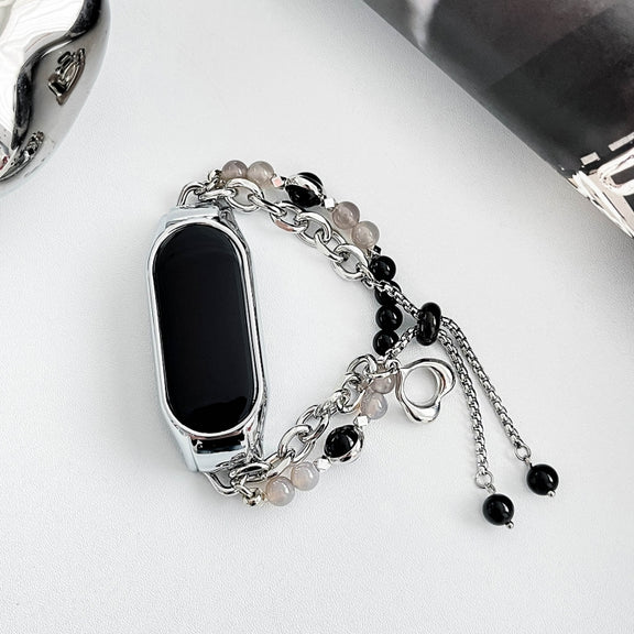 For Xiaomi Mi Band 8 Crystal Beaded Onyx Watch Band(Silver+Black Pearl)