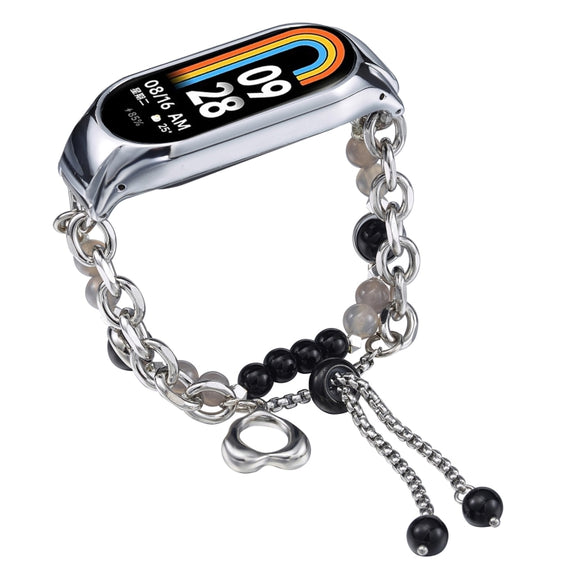 For Xiaomi Mi Band 8 Crystal Beaded Onyx Watch Band(Silver+Black Pearl)