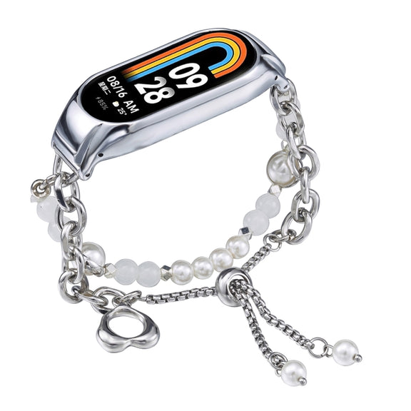 For Xiaomi Mi Band 8 Crystal Beaded Onyx Watch Band(Silver+White Pearl)