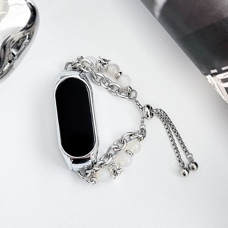 For Xiaomi Mi Band 8 Crystal Beaded Onyx Watch Band(Silver+Leopard Head)