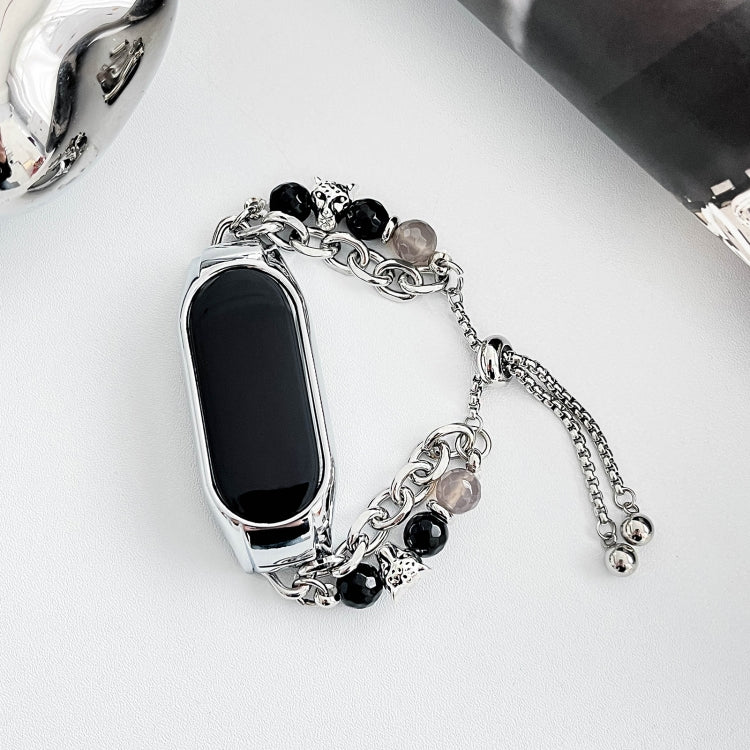 For Xiaomi Mi Band 8 Crystal Beaded Onyx Watch Band(Silver+Agate Bead)