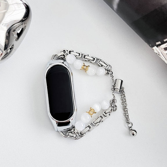 For Xiaomi Mi Band 8 Crystal Beaded Onyx Watch Band(Silver+Copper Collar)