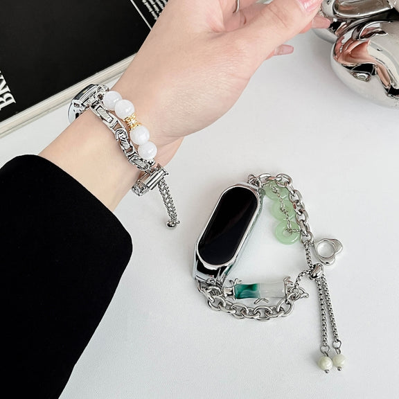For Xiaomi Mi Band 8 Crystal Beaded Onyx Watch Band(Silver+Copper Collar)
