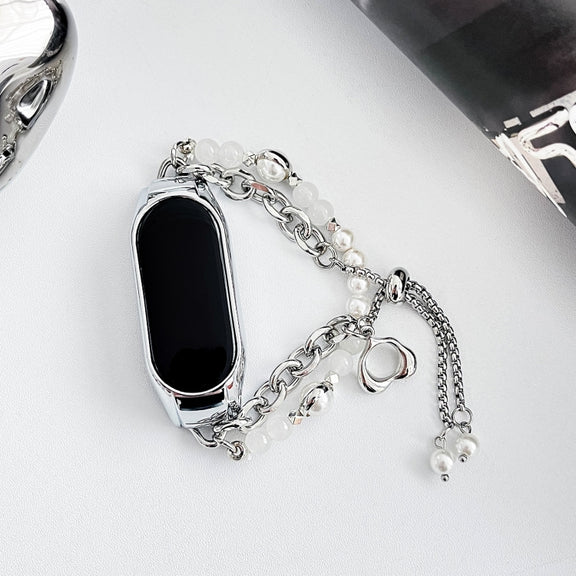 For Xiaomi Mi Band 7 Crystal Beaded Onyx Watch Band(Silver+White Pearl)