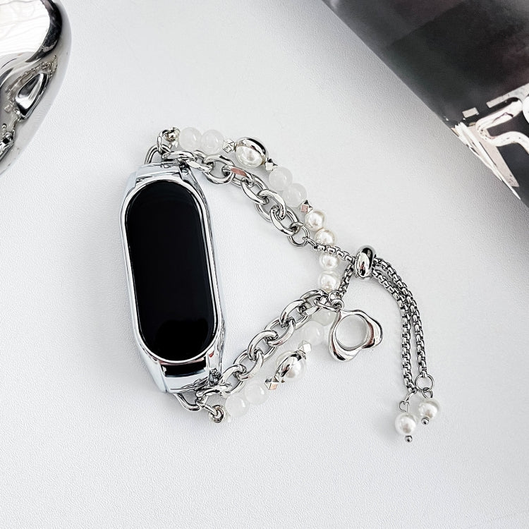 For Xiaomi Mi Band 7 Crystal Beaded Onyx Watch Band(Silver+White Pearl)