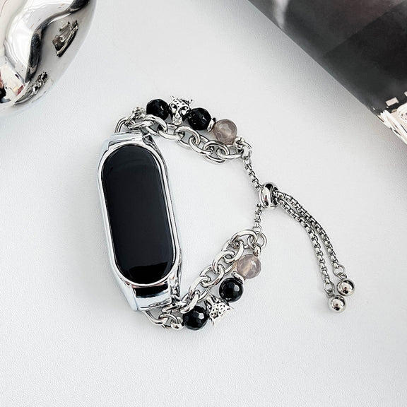 For Xiaomi Mi Band 7 Crystal Beaded Onyx Watch Band(Silver+Agate Bead)