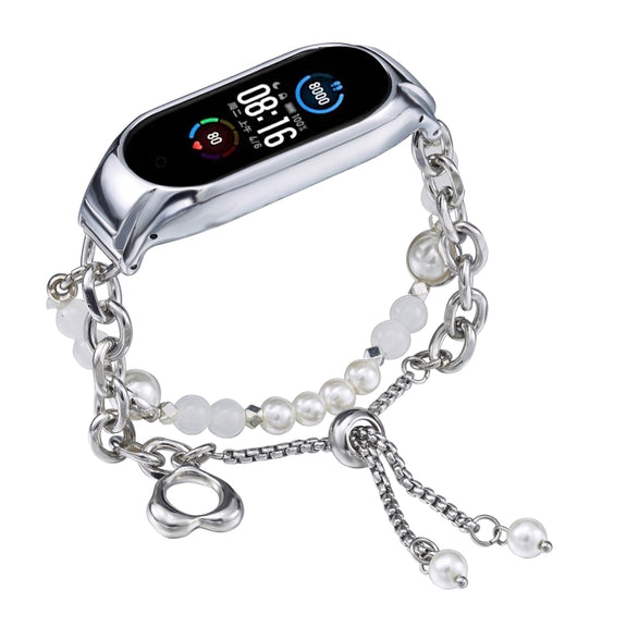 For Xiaomi Mi Band 5 / 6 Crystal Beaded Onyx Watch Band(Silver+White Pearl)