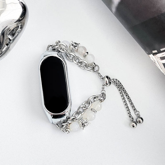 For Xiaomi Mi Band 5 / 6 Crystal Beaded Onyx Watch Band(Silver+Leopard Head)