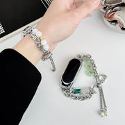 For Xiaomi Mi Band 5 / 6 Crystal Beaded Onyx Watch Band(Silver+Copper Collar)