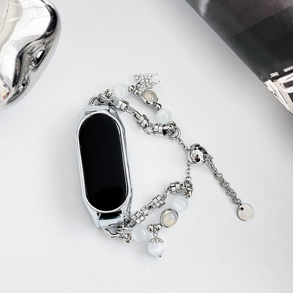 For Xiaomi Mi Band 3 / 4 Crystal Beaded Onyx Watch Band(Silver+Butterfly)