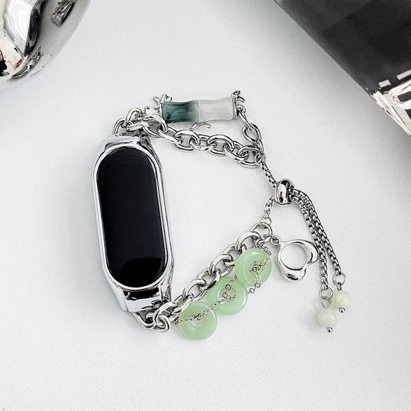 For Xiaomi Mi Band 3 / 4 Crystal Beaded Onyx Watch Band(Silver+Jade Donut)