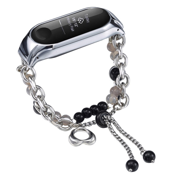 For Xiaomi Mi Band 3 / 4 Crystal Beaded Onyx Watch Band(Silver+Black Pearl)