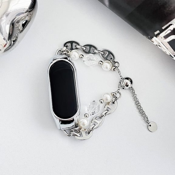 For Xiaomi Mi Band 3 / 4 Crystal Beaded Onyx Watch Band(Silver+Crystal Bead)