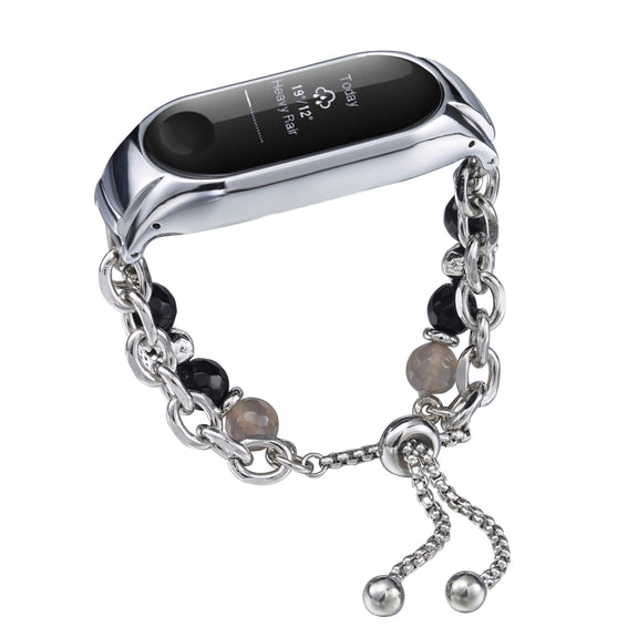 For Xiaomi Mi Band 3 / 4 Crystal Beaded Onyx Watch Band(Silver+Agate Bead)