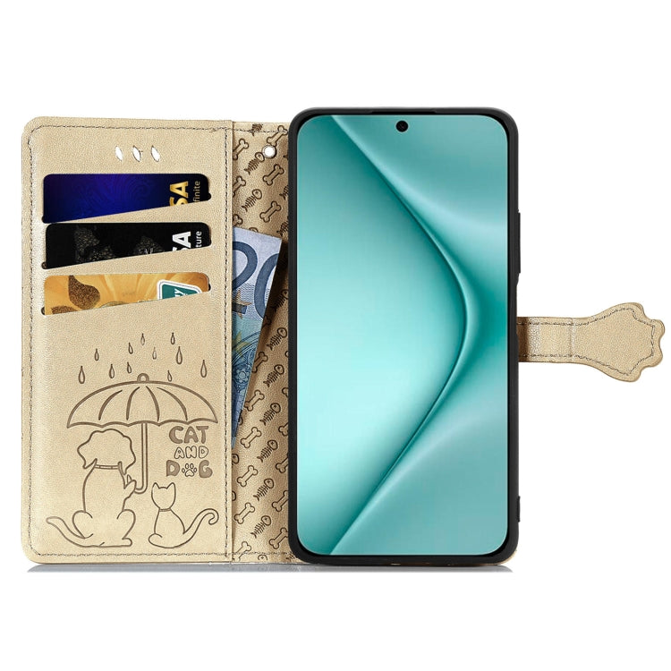 For Huawei Pura 70 Cat and Dog Embossed Leather Phone Case(Gold) - Huawei Cases by PMC Jewellery | Online Shopping South Africa | PMC Jewellery | Buy Now Pay Later Mobicred