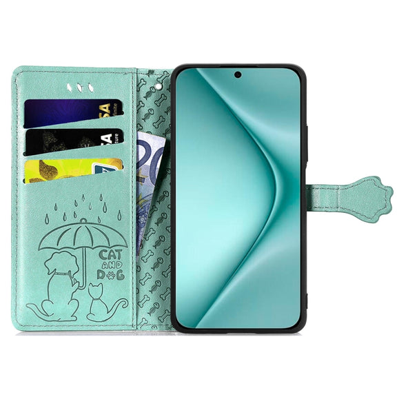 For Huawei Pura 70 Cat and Dog Embossed Leather Phone Case(Green)