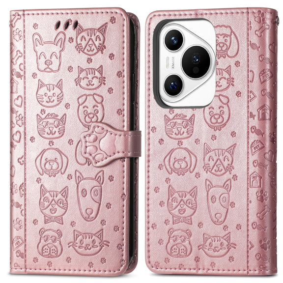 For Huawei Pura 70 Pro Cat and Dog Embossed Leather Phone Case(Rose Gold)