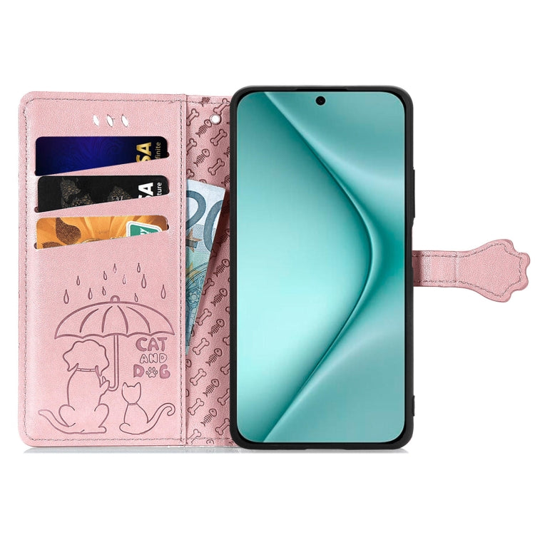 For Huawei Pura 70 Pro Cat and Dog Embossed Leather Phone Case(Rose Gold)