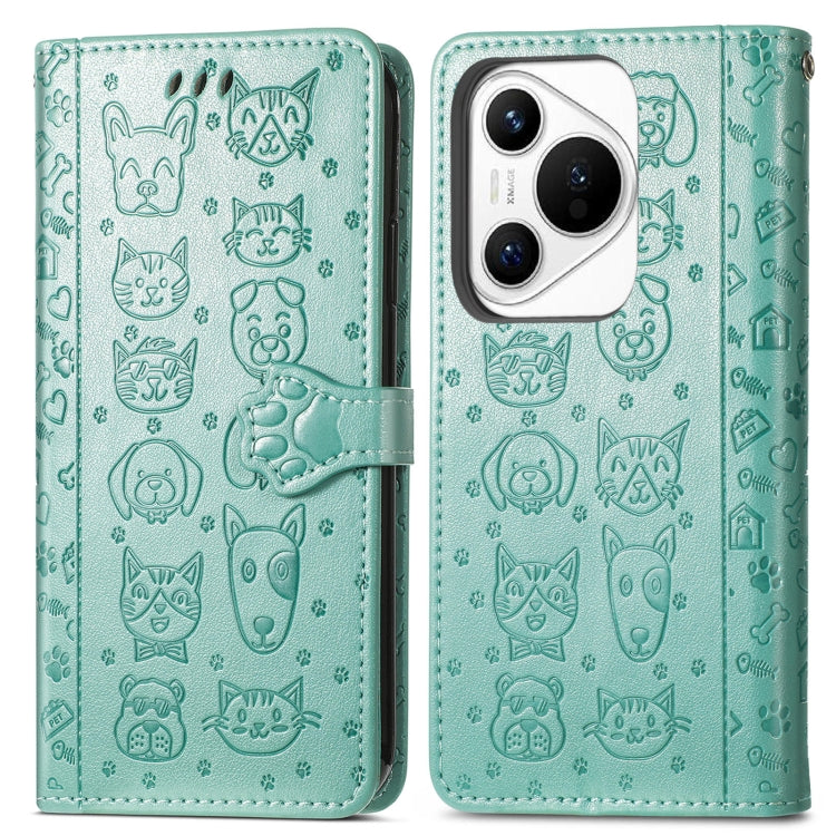 For Huawei Pura 70 Pro Cat and Dog Embossed Leather Phone Case(Green) - Huawei Cases by PMC Jewellery | Online Shopping South Africa | PMC Jewellery | Buy Now Pay Later Mobicred