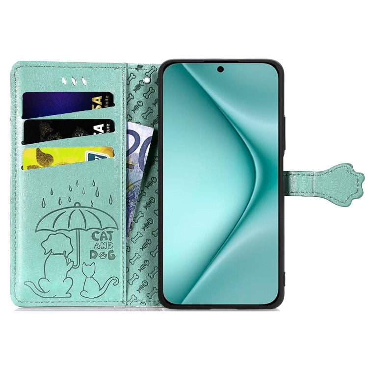 For Huawei Pura 70 Pro Cat and Dog Embossed Leather Phone Case(Green) - Huawei Cases by PMC Jewellery | Online Shopping South Africa | PMC Jewellery | Buy Now Pay Later Mobicred