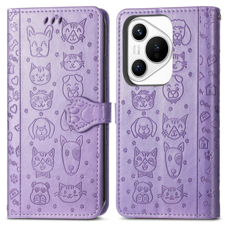 For Huawei Pura 70 Pro Cat and Dog Embossed Leather Phone Case(Purple) - Huawei Cases by PMC Jewellery | Online Shopping South Africa | PMC Jewellery | Buy Now Pay Later Mobicred