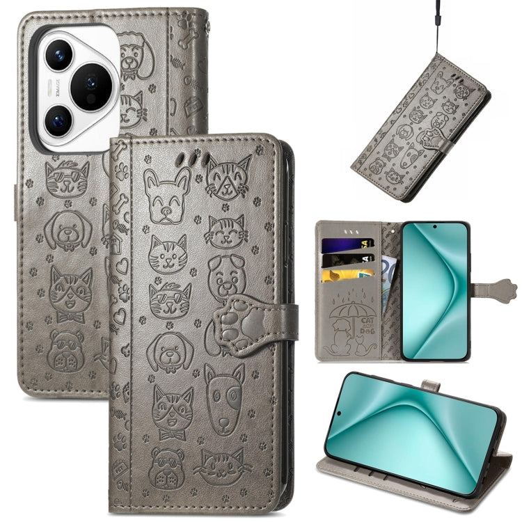 For Huawei Pura 70 Pro Cat and Dog Embossed Leather Phone Case(Gray) - free shipping - PMC Jewellery - Order now!