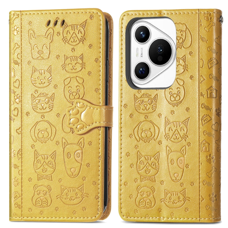 For Huawei Pura 70 Pro+ Cat and Dog Embossed Leather Phone Case(Yellow) - Huawei Cases by PMC Jewellery | Online Shopping South Africa | PMC Jewellery | Buy Now Pay Later Mobicred