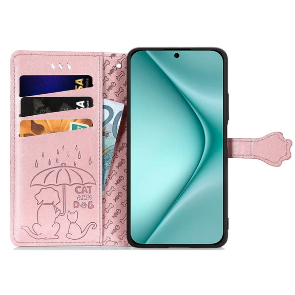 For Huawei Pura 70 Pro+ Cat and Dog Embossed Leather Phone Case(Rose Gold)