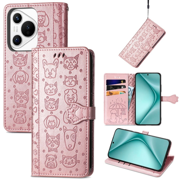 For Huawei Pura 70 Pro+ Cat and Dog Embossed Leather Phone Case(Rose Gold)