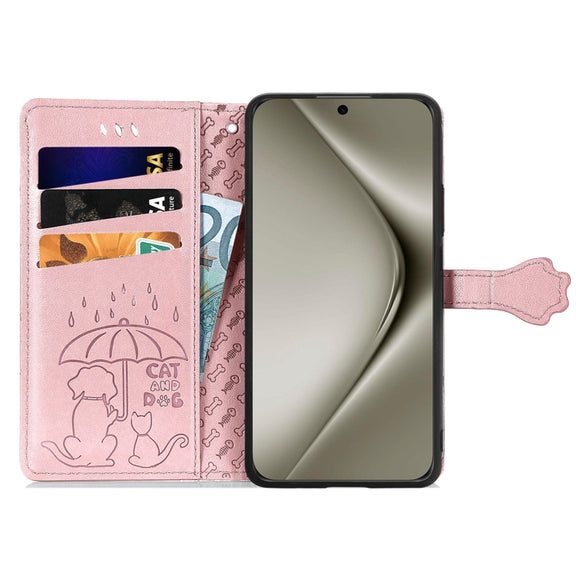 For Huawei Pura 70 Ultra Cat and Dog Embossed Leather Phone Case(Rose Gold)