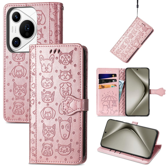 For Huawei Pura 70 Ultra Cat and Dog Embossed Leather Phone Case(Rose Gold)