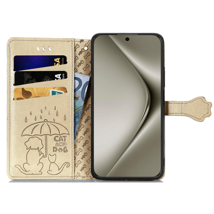 For Huawei Pura 70 Ultra Cat and Dog Embossed Leather Phone Case(Gold) - Huawei Cases by PMC Jewellery | Online Shopping South Africa | PMC Jewellery | Buy Now Pay Later Mobicred