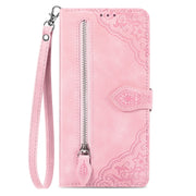 For Motorola Moto G Play 2024 Embossed Flower Zipper Leather Phone Case(Pink)
