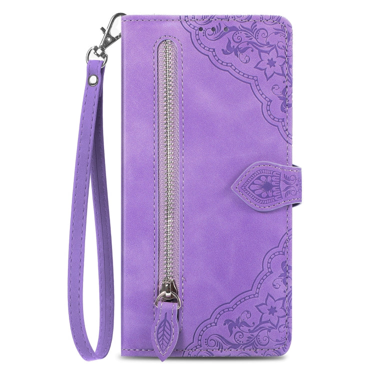 For Motorola Moto G Play 2024 Embossed Flower Zipper Leather Phone Case(Purple)