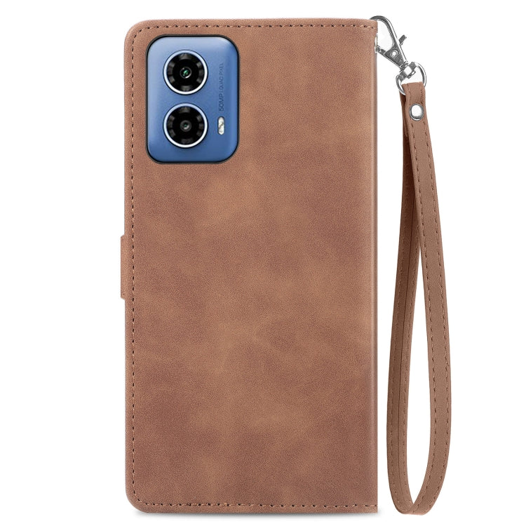 For Motorola Moto G Play 2024 Embossed Flower Zipper Leather Phone Case(Brown) - Motorola Cases by PMC Jewellery | Online Shopping South Africa | PMC Jewellery | Buy Now Pay Later Mobicred