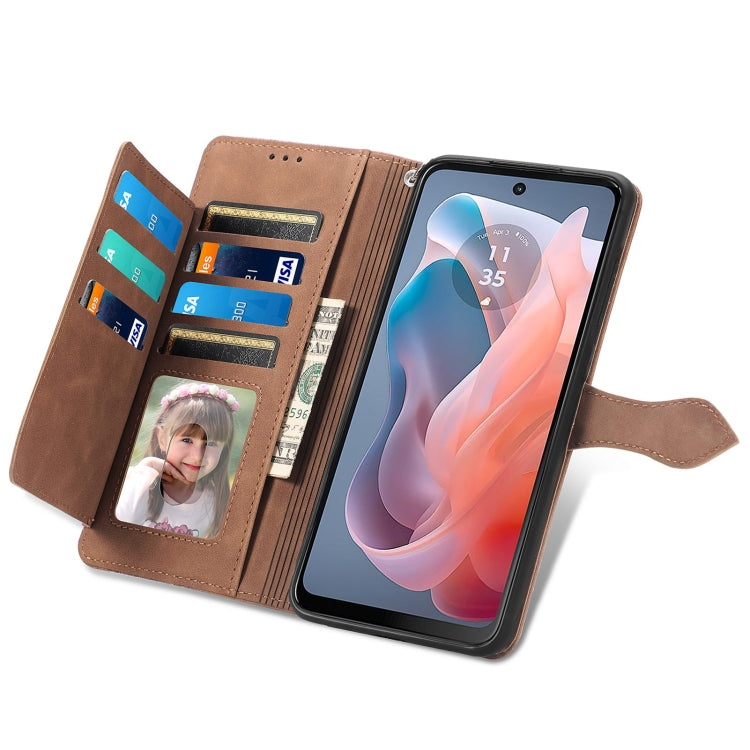 For Motorola Moto G Play 2024 Embossed Flower Zipper Leather Phone Case(Brown) - Motorola Cases by PMC Jewellery | Online Shopping South Africa | PMC Jewellery | Buy Now Pay Later Mobicred