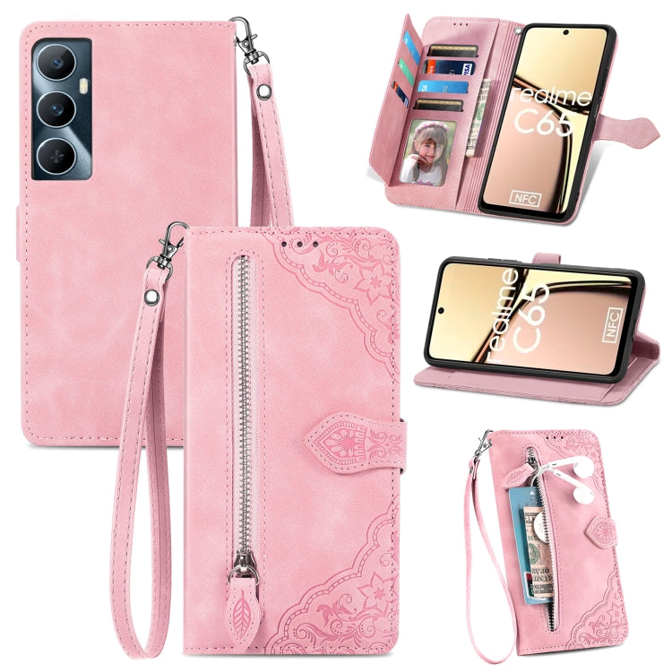 For Realme C65 Embossed Flower Zipper Leather Phone Case(Pink) - Realme Cases by PMC TechLife | Online Shopping South Africa | PMC TechLife | Buy Now Pay Later Mobicred