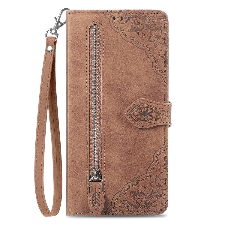 For Huawei Pura 70 Pro+ Embossed Flower Zipper Leather Phone Case(Brown) - Huawei Cases by PMC Jewellery | Online Shopping South Africa | PMC Jewellery | Buy Now Pay Later Mobicred