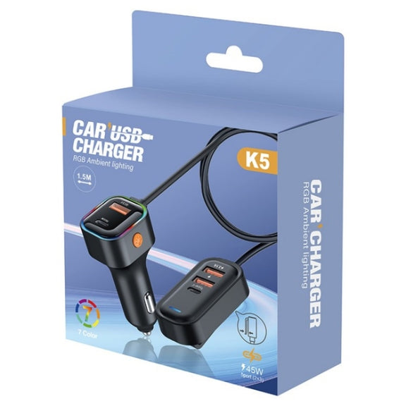 K5 3 USB Fast Charging Car Charger 66W Extension Cord Design 5 Ports Charging Adapter