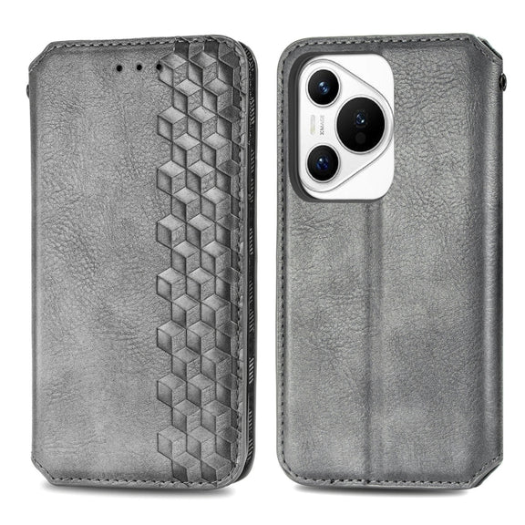 For Huawei Pura 70 Pro Cubic Grid Pressed Magnetic Leather Phone Case(Gray)