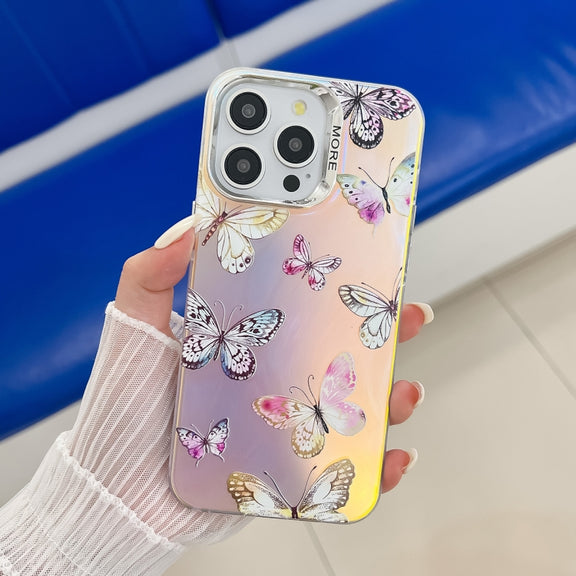 For iPhone 16 Pro Max Electroplating Laser Butterfly Phone Case(Pink Butterflies AB2)
