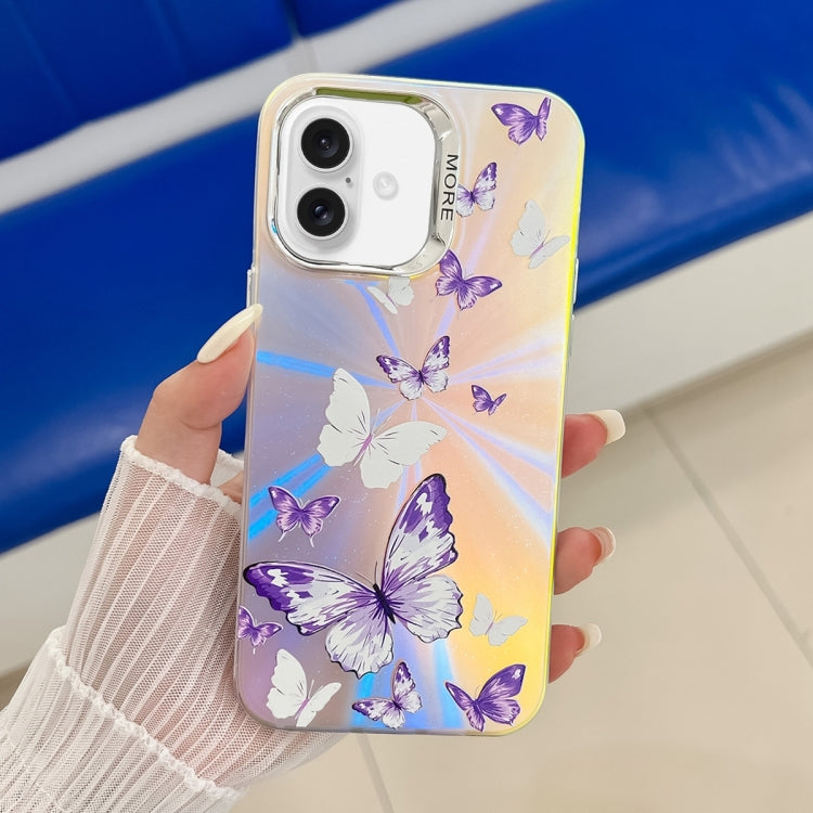 For iPhone 16 Electroplating Laser Butterfly Phone Case(White Purple Butterflies AB6) - iPhone 16 Cases by PMC TechLife | Online Shopping South Africa | PMC TechLife | Buy Now Pay Later Mobicred