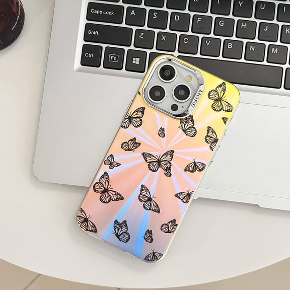 For iPhone 16 Electroplating Laser Butterfly Phone Case(Black Butterflies AB5)