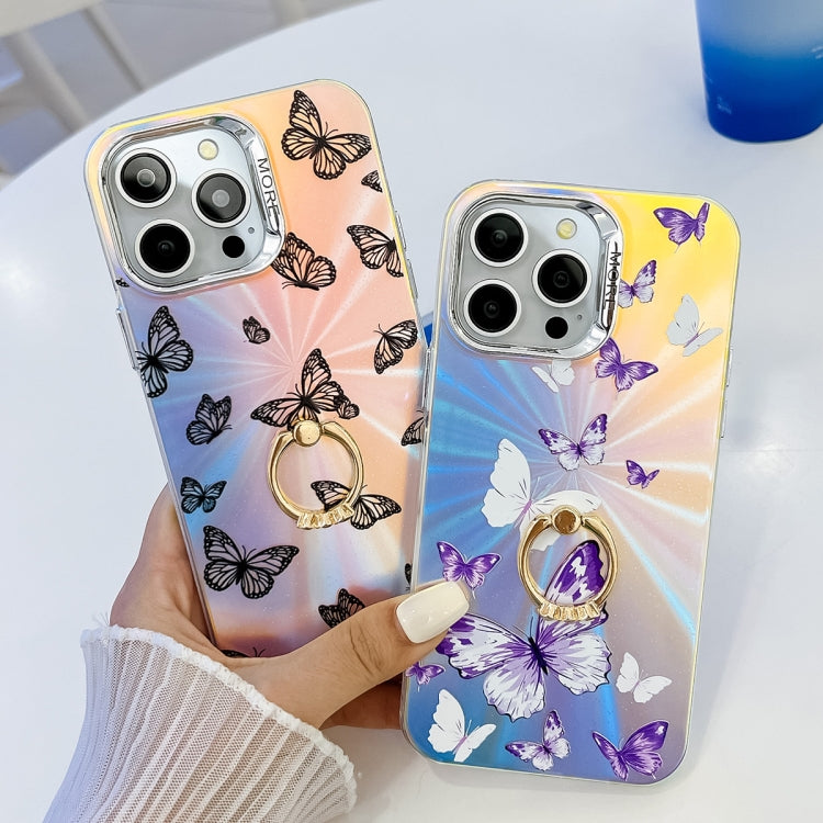 For iPhone 16 Plus Electroplating Laser Butterfly Ring Holder Phone Case(Pink Butterflies AB2)